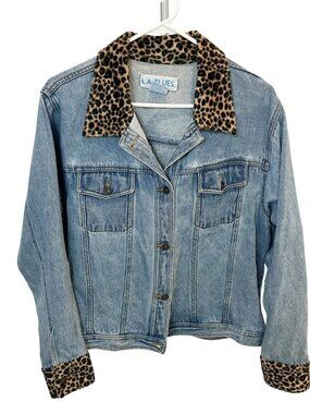 Vintage L.A. Blues Leopard Trim Jean Jacket Y2K Bratz Boho - Size Large